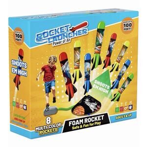 Rocket Launcher for Kids 8 Foam Rockets 100 Ft Air Power Stomp Toy Age 3+